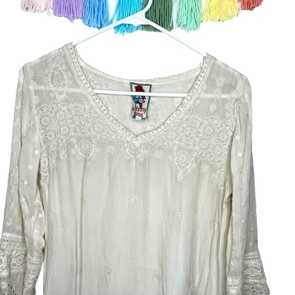 Johnny Was Boho Cream Ivory Lace Embroidered Eyelet Tunic 3/4 Sleeve Dress XS - Picture 4 of 15